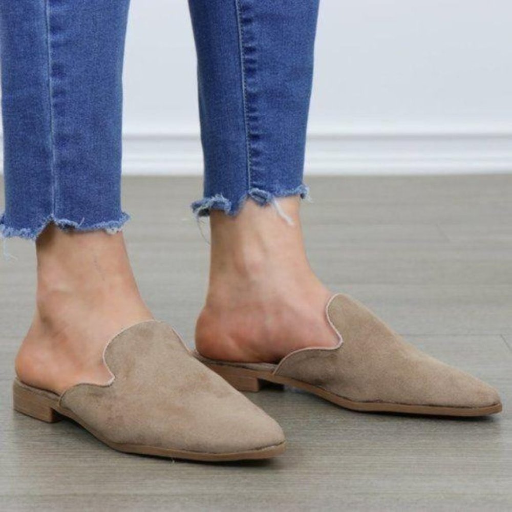 Tan Suede Pointy Toe Slip On Mule Loafers - Picture 4 of 7